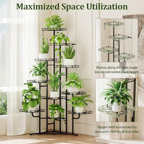 Image of Quikraen 58 inch Tall Plant Stand Indoor,Multiple Tiers Corner Plant Shelf for Corner,10-Tier Large Metal Flower Holder, Plant Rack for Home Decor, Patio (Black)