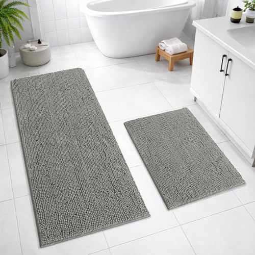 Image of LUXEHOME International Bath Mats for Bathroom Anti Slip Microfiber Chenille Super Absorbent Quick Dry Water Soak Floor Mat for Home Kitchen Door (40x60cm 60x120cm Grey) Pack of 2
