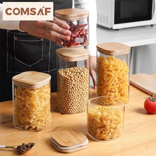 Image of ComSaf Glass Food Storage Containers Set, Airtight Clear Food Jars with Bamboo Wooden Lids, Square Stackable Kitchen Canisters (22oz*2 /37oz*2 /50oz*2)
