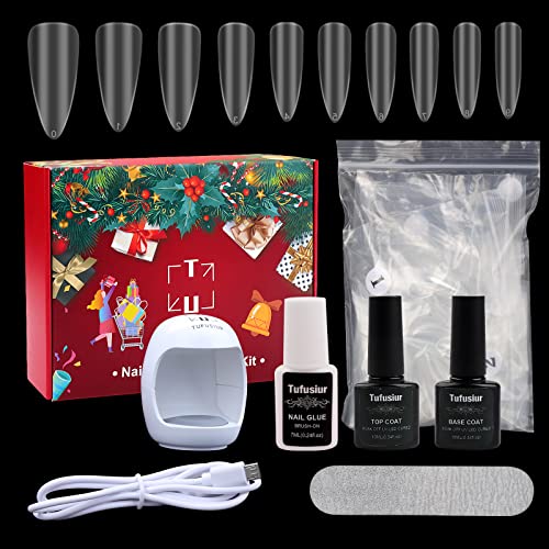 Gel Nail Kit, Tufusiur 500Pcs Nails Tips and Glue Gel X Nail Kit Base Coat Top Coat LED Lamp DIY Acrylic Nail Art Supplies Easy Nail Extension Set