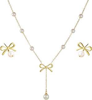 Vbvbip Elegant Stainless Steel Pearl Pendant Necklace & Earrings Set for Women, Hypoallergenic Jewelry Gift Set, Classic B...