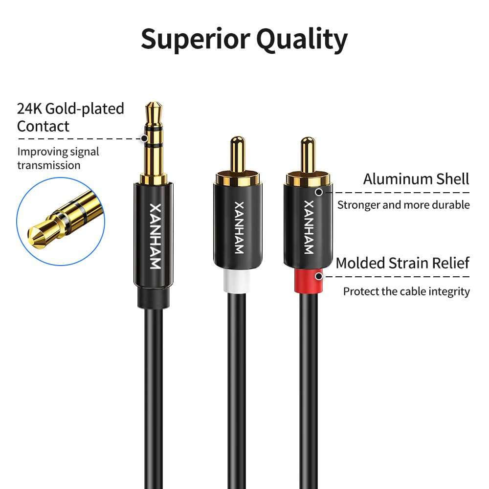 Adapterkabel, 3,5 mm auf 2 Cinch-Stecker, 5 m, Aux TRS 1/8 Zoll Klinke auf 2 Cinch-Stecker auf Stecker, Y-Splitterkabel für HiFi-System, Telefon, Lautsprecher, MP6, Tablet, HDTV