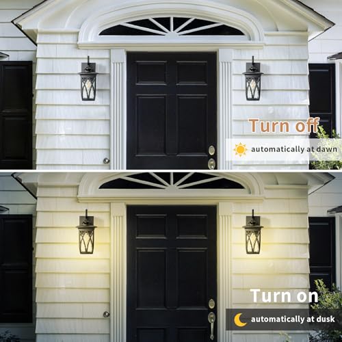 Image of JYZ Dusk to Dawn Outdoor Wall Lantern, Craftsman Style Exterior Sconce Light with Water Ripple Glass, Traditional Porch Light Fixture Wall Mount Lamp for Front Porch Doorway Garage Patio Garden 14''