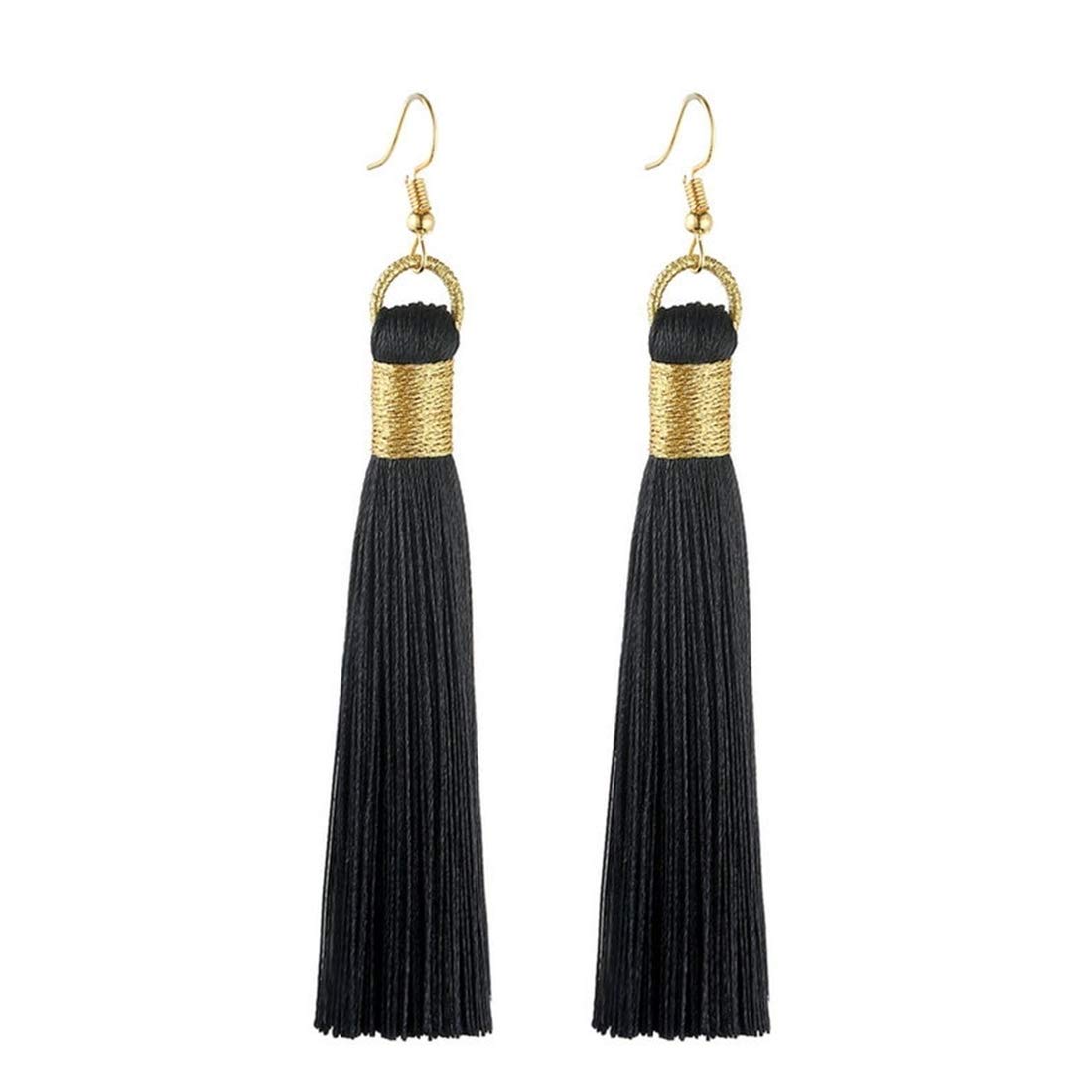 KLFrogPondBoho Golden Wrap Silk Fabric Vintage Tassel Statement Bohemian Fashion Jewelry Fringe Drop Dangle Long Earrings