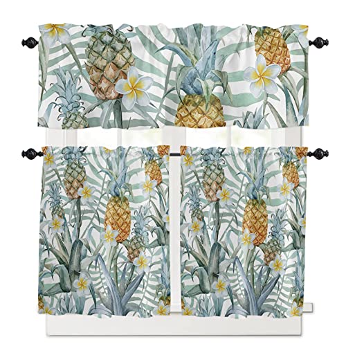 Valance Curtains - Tropical Fresh Pineapple Window Treatment Tiers Rod Pocket, Flower Leaf Window Valances Kitchen Living Room Curtain Sets 3 Panels (54In X 24In), Tier Curtains #TOP17