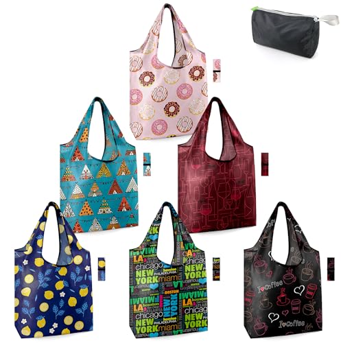 BeeGreen Travel Reusable-Grocery-Bags-Foldable-Machine-Washable-Reusable-Shopping-Bags-Bulk 6 Pack 50LBS Extra Large Totes Picnic bags Donuts Tents New York City Name Wine Coffee bag