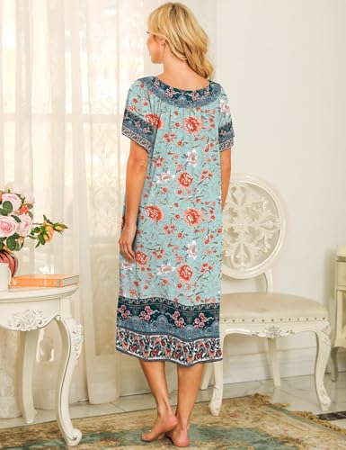 Image of Bloggerlove Mumu House Dress for Women with Pockets Short Sleeve Nightgowns | 15% Cotton, 80% Polyester, 5% Spandex, Floral Mumu House Dress, V-Neck, Short Sleeves, Midi Length, 2 Side Pockets, Lounging