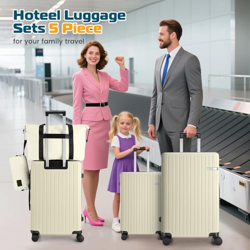 Image of Hoteel Luggage Sets 5 Piece (4-YEARS WARRANTY), ABS+PC Suitcases with Wheels and Side Hook, Hardshell 20 /24 /28 inch Luggage with Duffel Bag Travel Bag, Beige