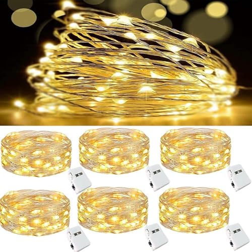 Huayifa Corrente de luzes LED, 6 x Guirnaldas de luzes a pilhas, fio prateado, correntes de 2 metros, 20 LEDs, para decorar quartos, jardins, festas, Natal, Halloween, casamentos e mais (Branco quente