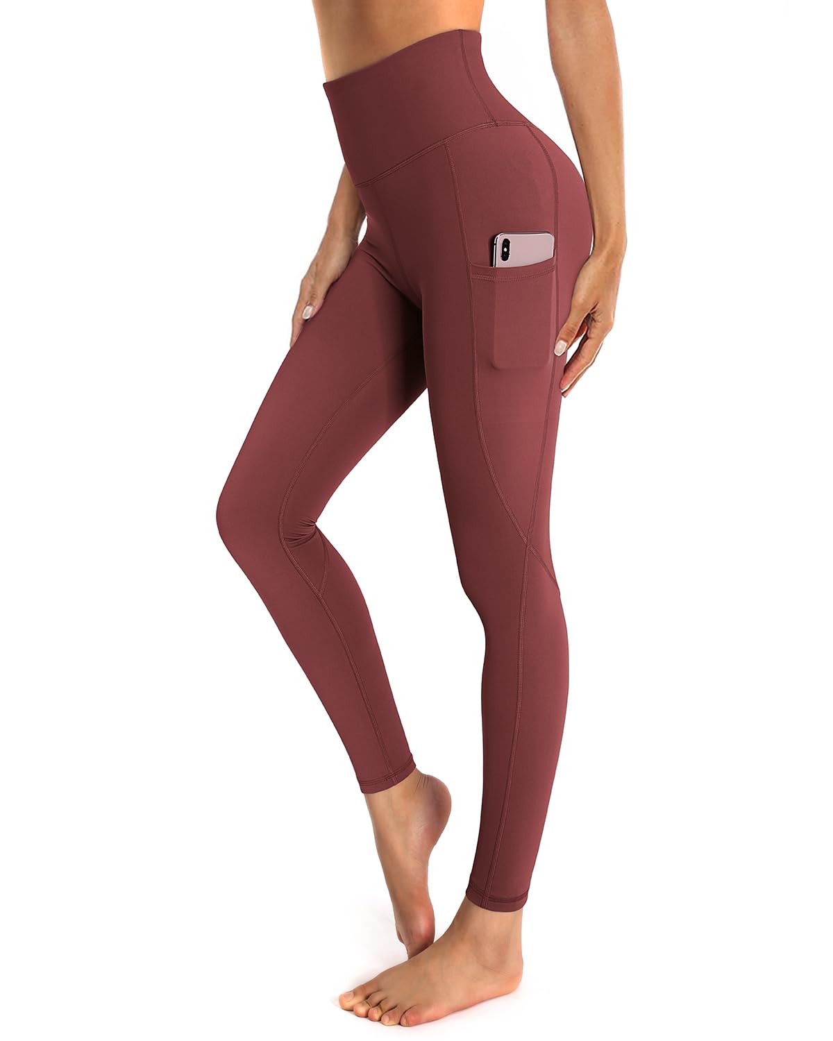 OUGES Damen Sport Leggings High Waist Leggins Yogahose Blickdichte Sporthose mit Taschen (Rot,L)