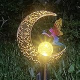 VividLadybug Solar Garden Lights Outdoor Decor, Moon Fairy Crackle Glass Lights, Waterproof LED Landscape Lighting Metal Stake Ornament, for Walkway Yard, Patio, Lawn Pathway Decorations