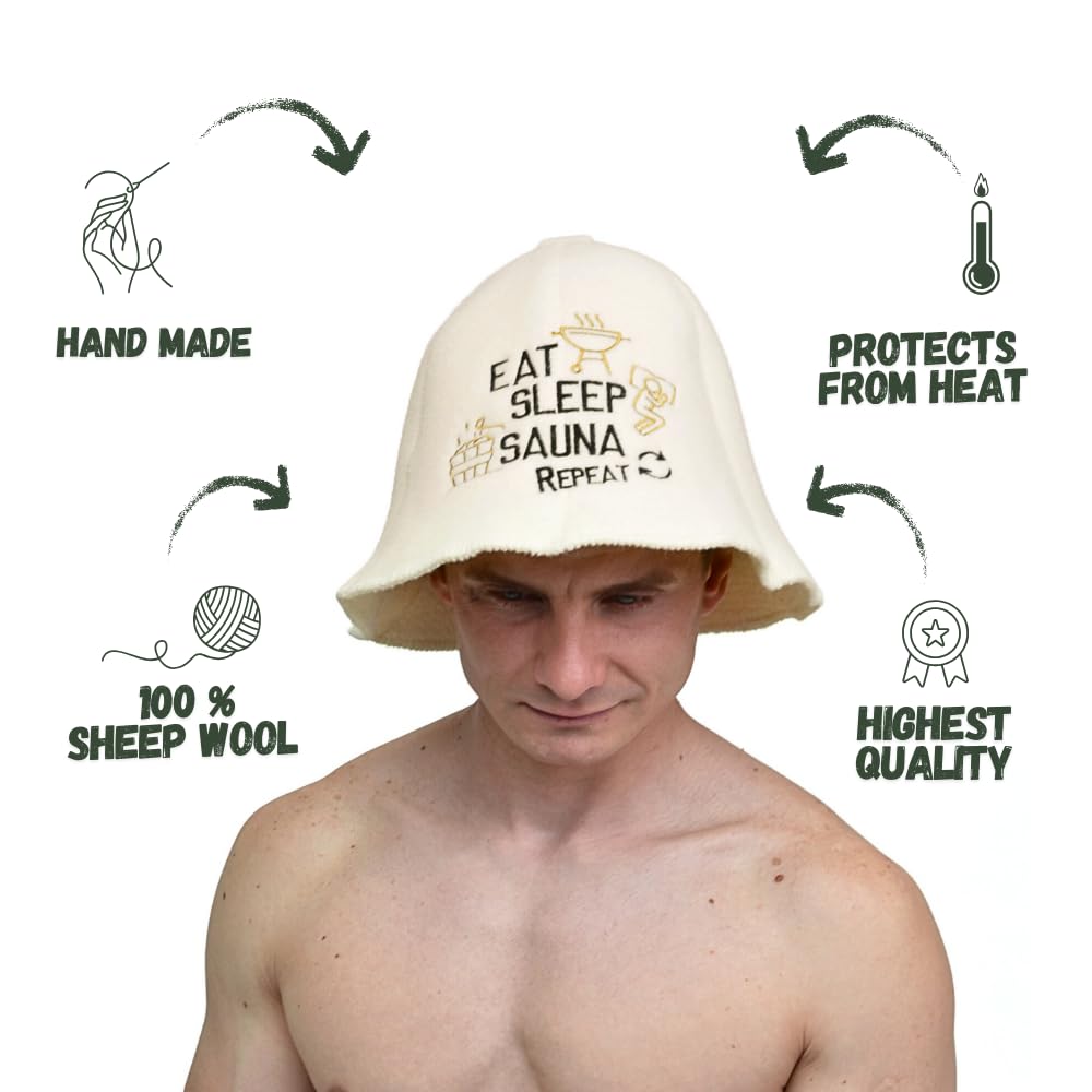 Saunahut 'Eat, Sleep, Sauna, Repeat' White - 100% organische Wollfilzmützen - Schützen Sie Ihren Kopf vor Hitze - Englische Sauna E-Book Handbuch inklusiv - mit Stickerei