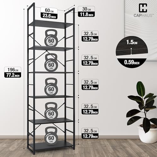 Image of CAPHAUS 6 Tier Bookshelf, 24 Inch Width Free Standing Shelf, Bookcase Shelf Storage Organizer, Industrial Book Shelves for Home Office, Living Room, Kitchen, Black Shelves & Metal Frame