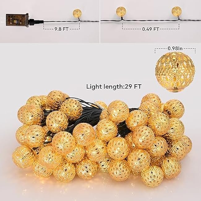 Moroccan String Lights Plug-in 60 LED 29ft Indoor Outdoor Waterproof 8 Modes Diwali Lights With Timer & Remote Control, Decorative Globe for Bedroom Christmas, Warm White