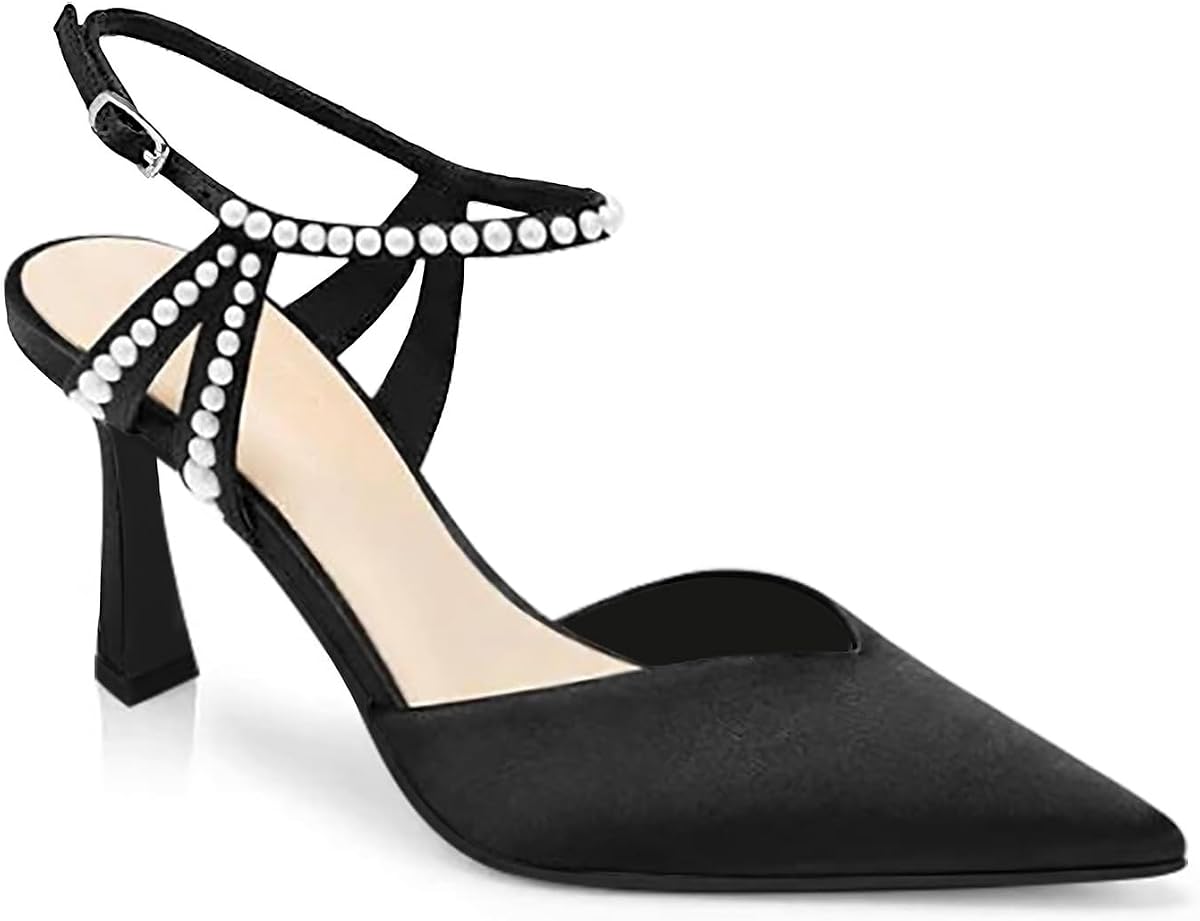 Coutgo Zapatos de tacón alto para mujer, cerrados, con punta en punta, de satén, con perlas y correa al tobillo, zapatos de vestir para fiesta de boda