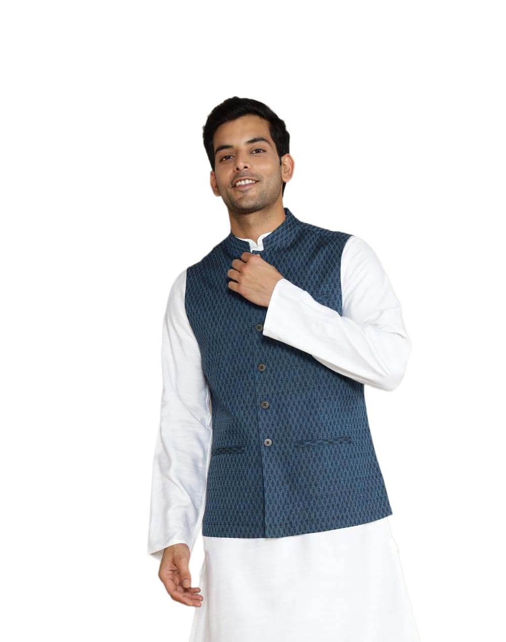 Blue Cotton Self Design Comfort Fit Nehru Jacket-image-0
