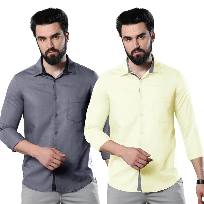 Image of Pinkmint Combo of Men Casual Cotton Blend Full Sleeves Formal Regular Slim Fit Plain Office Shirts