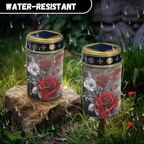 Image of Red Rose Cemetery Solar Lights Water Resistant LED Flameless Candle Grave Lights Solar Powered Grave Decor Memorial Gift Outdoor Garden Decor Light for Prayer 2 Pcs