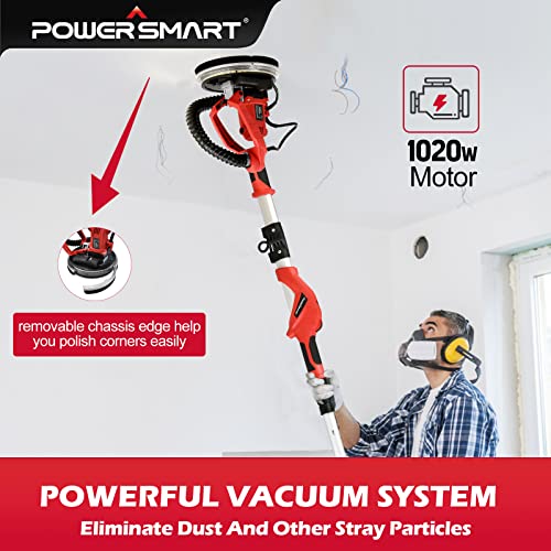Powersmart Drywall Sander, 1020W 8.5A Electric Drywall Sander With Vacuum Auto Dust Collection, Adjustable Speed 600-2600 Rpm, Led Light, Extendable & Foldable Handle, 5 Pcs Sanding Discs, Dust Bag #TOP1