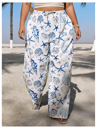 MakeMeChic Women's Plus Size Beach Starfish Seashell Print Pants Wide Leg Trousers2
