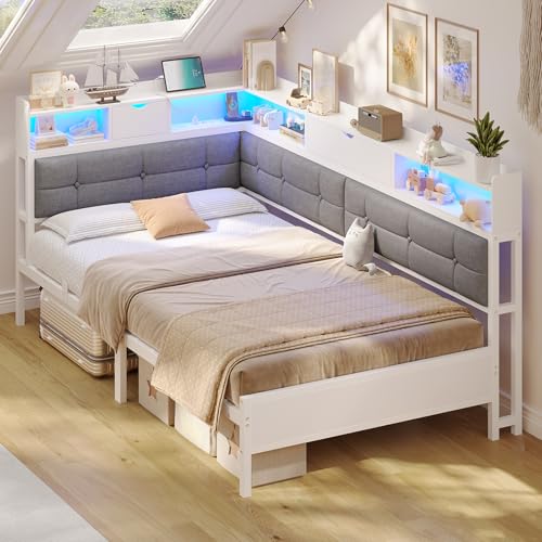 AOGLLATI Polsterbett Schlafsofa 90x200 mit 6 Staufächern Jugendbett 90x200 mit LED-Beleuchtung Tagesbett mit Steckdosen Gästebett Bettgestell mit Lattenrost aus Metall (Weiß, 90x200cm)