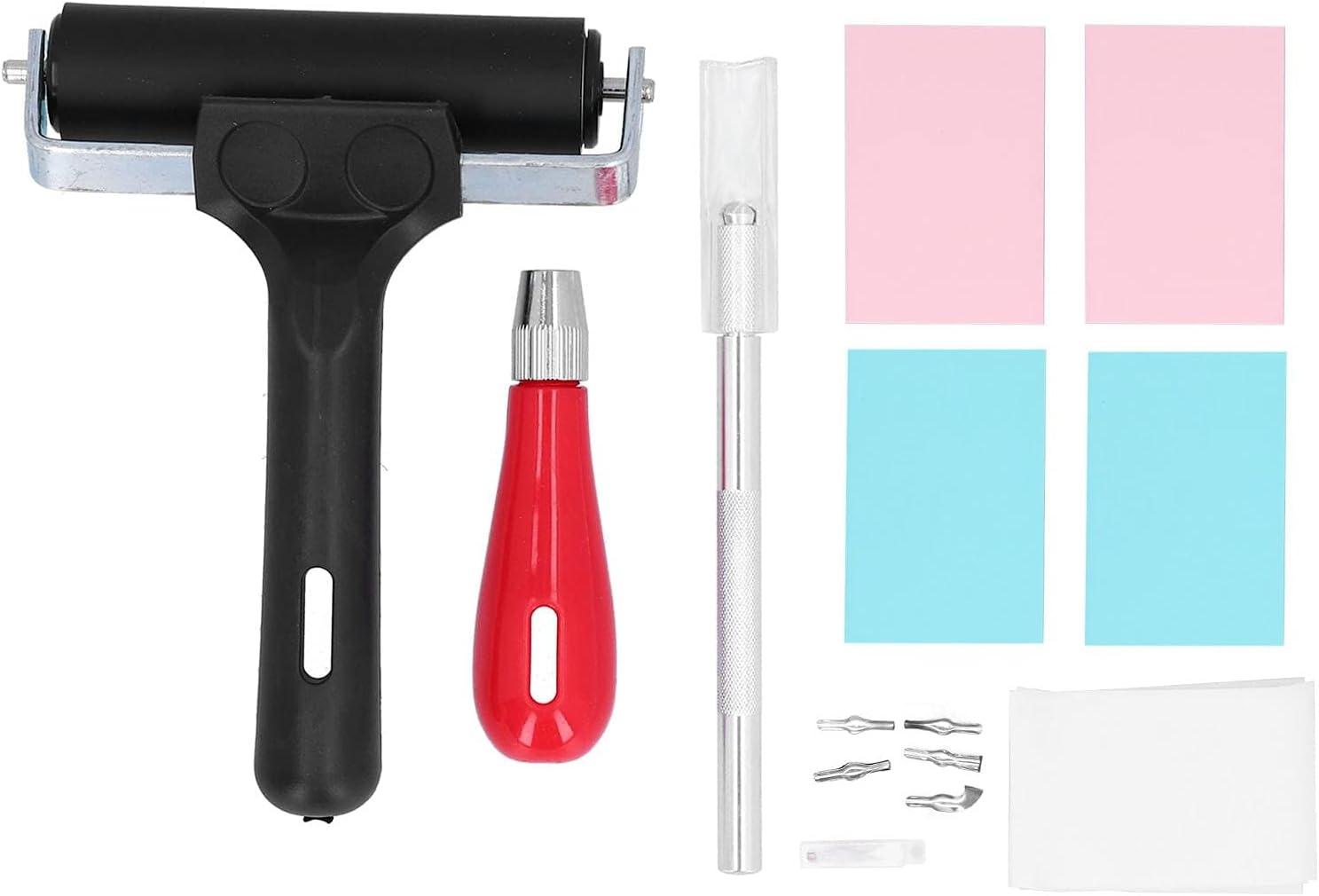Carving Rubber Stamp Kit with Printmaking Carving Cutter and Blades, Rubber Blocks, Iron Roller, Vegetable Parchment for Stamp Making