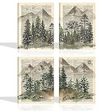 TOARTi Vintage Mountain Themed Dictionary Wall Art Prints (Set of 4pcs, 12x16 inches, Frame Included), Natural Forest Tree Canvas Poster, Landscape Upcycled Dictionary Artwork for Home Office