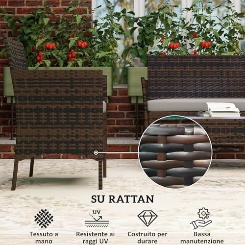 Outsunny Set Di Mobili Da Giardino In Rattan 4 Pezzi, Salotto Da Esterno Con Divano 2 Posti, 2 Poltrone, Tavolino Da Caffè Con Piano In Vetro E Cuscini Lavabili, Struttura In Acciaio, Grigio E Marrone - 4