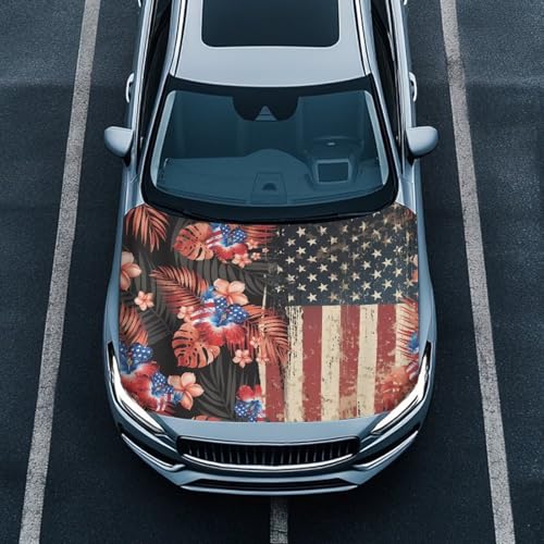 Image of Retro American Flag Front Hood Covers for Cars Hibiscus Car Hood Cover for Women Car Hood Cover Wrap Auto Decor Adjustable Automotive Hood Covers for Cars Sedan Accessories, 4th of July