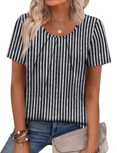Image of WIHOLL Women T Shirts Pleated Short Sleeve Tops Business Casual Dressy Blouses
