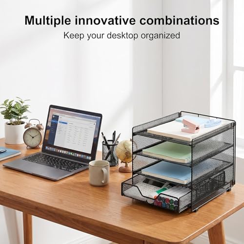 Image of OPNICE Desk Organizer, 4-Tier Desktop File Organizer with Drawer, Office Desk Accessories, File Sorters, Workspace Organizers for Office Supplies(Black Upgraded)