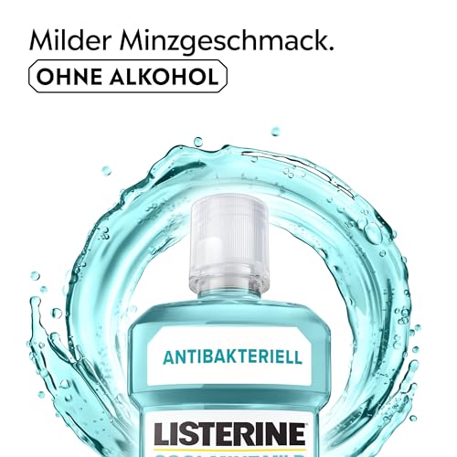LISTERINE Cool Mint Mild 500 ml, antibakterielle Mundspülung mit ätherischen Ölen und ohne Alkohol, mildes Mundwasser bekämpft wirksam Bakterien, optimale Ergänzung zur täglichen Zahnpflege