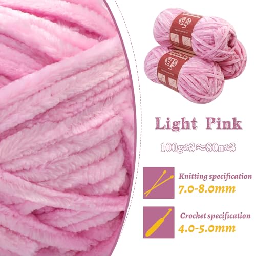 Image of LUNARM Chenille Yarn 3 Pack 3.5oz Chunky Blanket Velvet Yarn 263 Yard | Light Pink Chunky Chenille Yarn for Beginners Crocheting Hand Knitting Scarves with Big Eye Needles Machine Washable