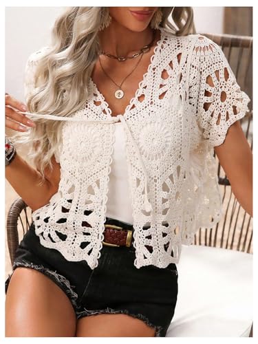 GORGLITTER Women's Tie Front Hollow Out Cardigans Short Sleeve V Neck Pointelle Knit Tops4