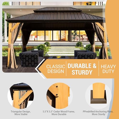LOPOO Cedar Wood Gazebo, Solid Wood Hardtop with Galvanized Steel Double Roof, Netting & Curtains, Outdoor Gazebo for Patio, Backyard, Deck, and Lawn - Image 5