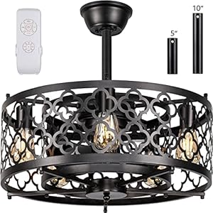 SUNVIE Caged Ceiling Fan with Lights Remote Control 21in Industrial Bladeless Ceiling Fan Black Enclosed Ceiling Fan Light with Reversible Motor for Bedroom Kitchen Living Room 5–E26 BaseNo Bulb