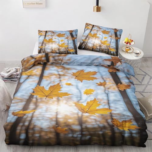 Funda Nordica Cama 105 Hoja de Arce Ropa de Cama Hoja de Arce Microfibra Suav Funda Edredon 200x200, Funda Nórdica Otoño y 2 Funda de Almohada 50x80 cm, e6247