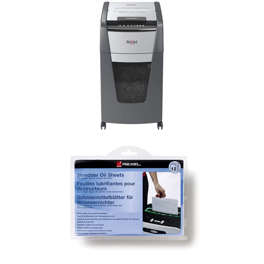Rexel Optimum Autofeed Destructora de Papel de Corte en Partículas P4, 225 Hojas, Papelera Extraíble de 60 L, con Ruedas, 2020225X + Pack de 12 láminas lubricantes para destructora de Papel