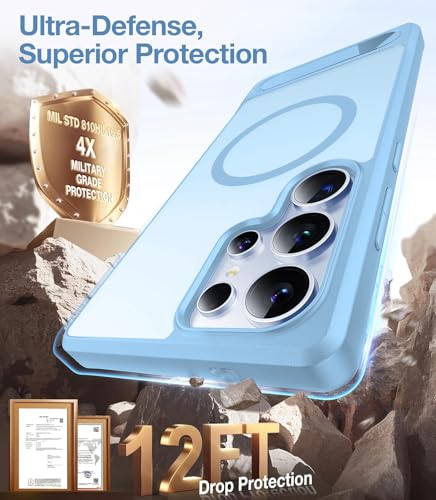 Image of Elzzi Magnetic Cover Compatible for Samsung S24 Ultra 5g Case with Adjustable Metal Kickstand, Compatible with Mag-Safe Translucent Matte Shockproof Protective Phone Case, Official Blue