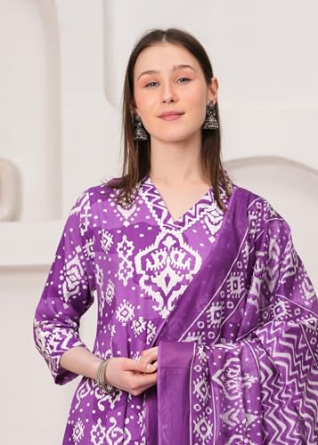 Image of Ethnic Villa Traditional Floral Anarkali Suit with Dupatta, 3 Sleeve Cotton Dress Set, Printed Kurta Palazzo with Dupatta Set (Pack of 1)