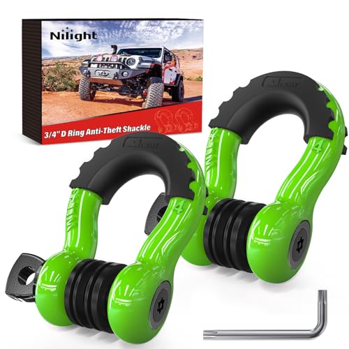 Image of Nilight 3 /4 inch D Ring Shackle 2 Pack 19T (41,887 lbs) Break Strength 4.75T WLL Heavy Duty Towing Hook with Anti-Theft System Anti-Rattle Isolators for Truck Jeep SUV ATV UTV Recovery Green