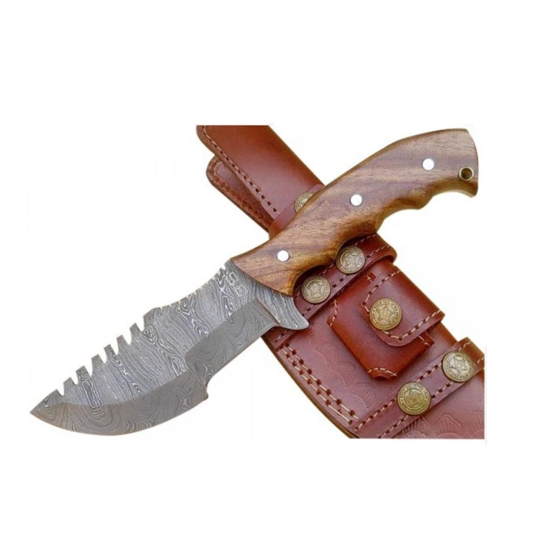 3S Handmade 10" Damascus Steel Tracker Knife Fixed Blade - Premium Quality for Hunting, Hiking, Camping and Survival tool with HardWood Handle, Handmade Premium Leather Sheath