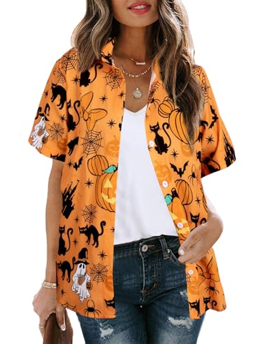 Womens Halloween Hawaiian Shirt Cute Pumpkin Spooky Castle Graphic Tee Magical Halloween Short Sleeve Button Up Tops2