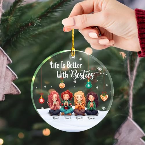 Life Better with Besties Clear Plastic Ornaments, Christmas Decorations Personalized Name Four Girls Wear Sweater with Chocolate Cup Acrylic Ornaments, Gifts for Sister Friends Bestie Siblings3