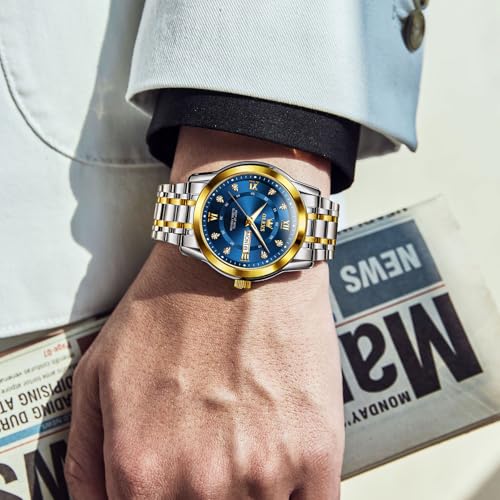 OLEVS Watches for Men Blue Face Classy Stainless Steel Watches for Men Roman Numerals Quartz Large Wrist Men's Diamond Watch Day Date Casual Analog Dress Man Waterproof Watch Easy Read Reloj Hombre — view 2