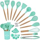 Duerer 36 piezas Utensilios Cocina de Silicona, juego de utensilios de cocina, herramienta de cocina antiadherente resistente al calor con mango de madera (sin BPA)