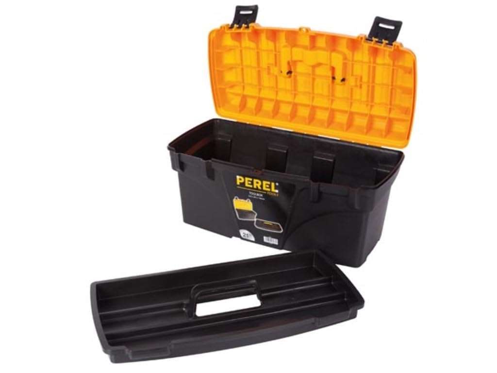 Perel caja de herramientas 43,5L con bandeja extraíble, toolbox de plástico con asa plegable y cierres de plástico, maletín herramientas 53,5 x 29,1 x 28 cm