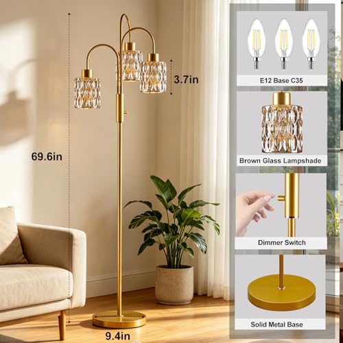 Image of 70 inch Glass Floor Lamp, 3-Light Gold Dimmable Standing Tall Lamp with Amber Ribbed Glass Shades &3PCS 3000K Warm White Bulbs, Modern Tree Pole Lamp for Living Room Bedroom Home Decor