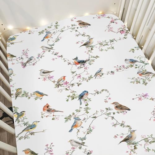 Watercolor Cute Birds Baby Crib Sheets for Boy Girl 52'x28' Spring Garden Bird Floral Leaves Soft Snug Fitted Crib Mattress Cover Sparrow Farmhouse...