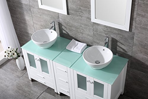 Bathjoy 60" White Double Wood Bathroom Vanity Cabinet And Ceramic Sink W/Mirror Combo Wash Basin With Faucet #TOP2